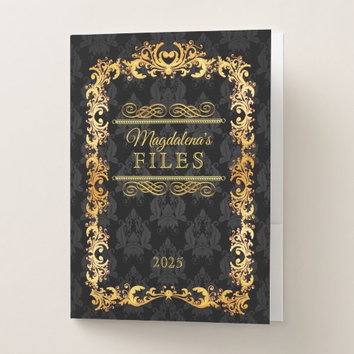 Classic Book Cover Gold Ornament Black Damask Pocket Folder