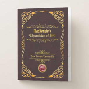 Classic Book Cover Gold Ornament Brown Leather Pocket Folder