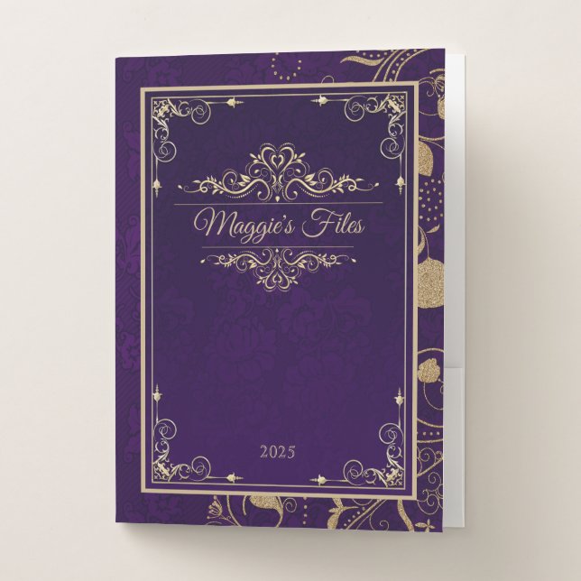 Classic Book Cover Purple Damask Gold Ornament Pocket Folder (Front)