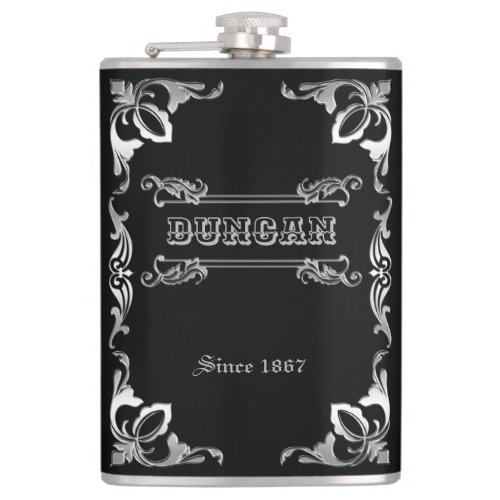 Classic Book Cover Silver Ornament Black Ebony Flask