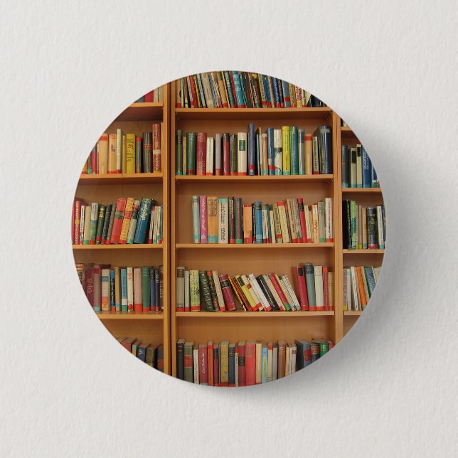 Classic book shelf pattern, bookcase,books,old pinback button (Front)