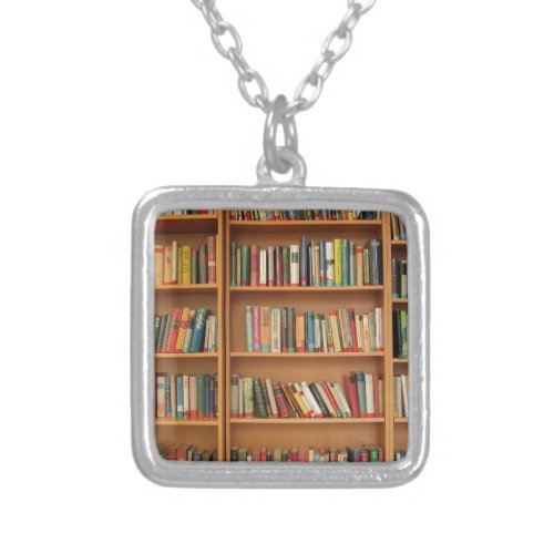 Classic book shelf pattern bookcasebooksold silver plated necklace
