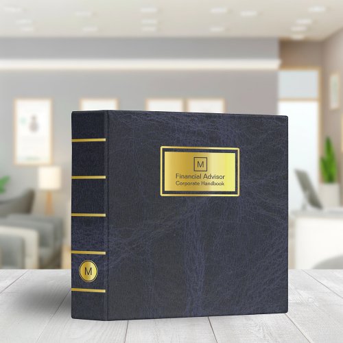 Classic Book Style Navy Blue Leather with Gold 3 Ring Binder