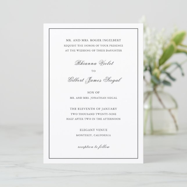Classic Border Black and White Timeless Wedding Invitation (Standing Front)