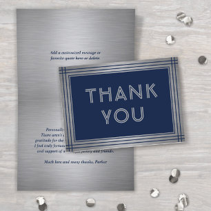 Classic Border Brushed Gray and Navy Blue Folded Thank You Card