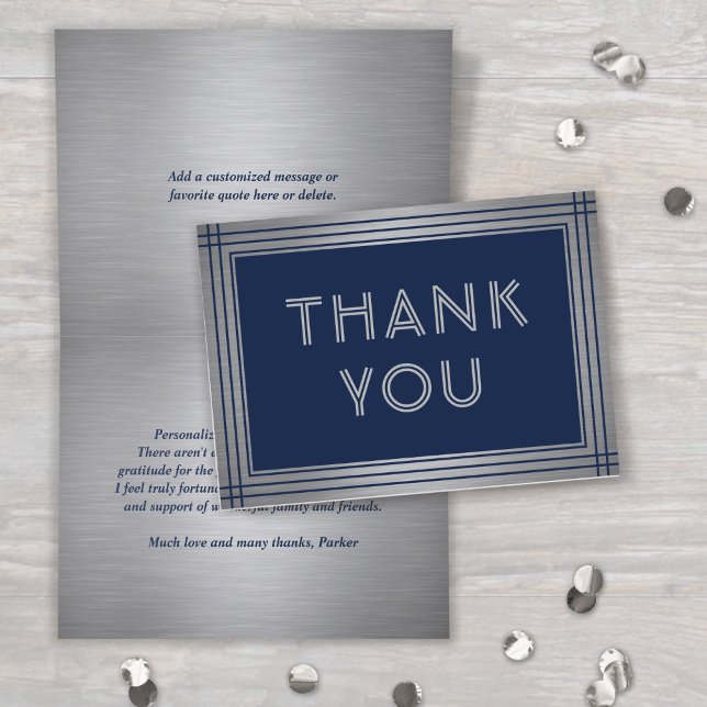 Classic Border Brushed Gray and Navy Blue Folded Thank You Card (Creator Uploaded)