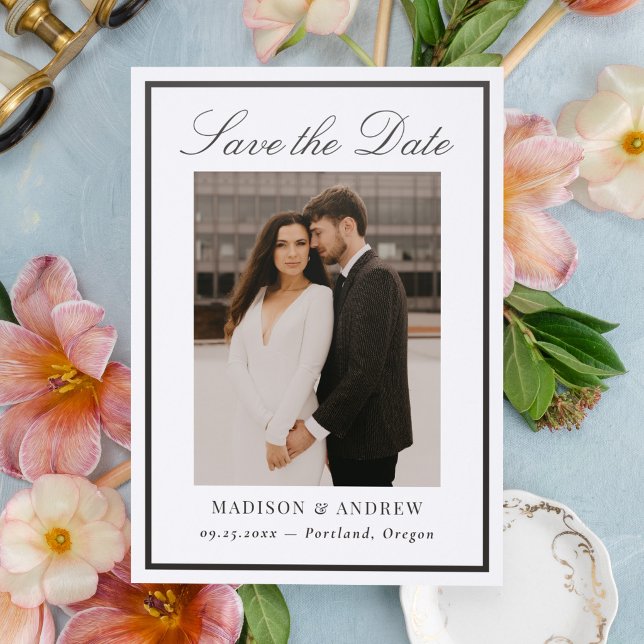 Classic Border Calligraphy Wedding Save the Date Letterpress Photo Cards (Creator Uploaded)
