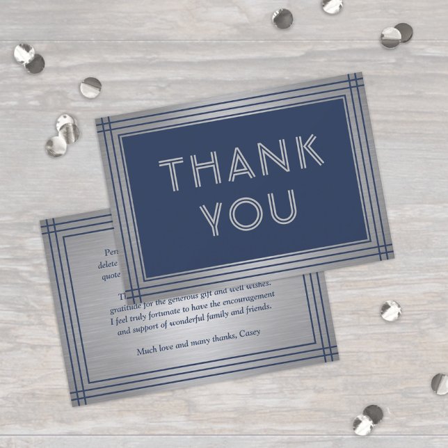 Classic Border Elegant Navy Blue & Brushed Gray Thank You Card (Creator Uploaded)