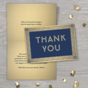 Classic Border Elegant Navy Blue & Gold Folded Letterpress Thank You Card