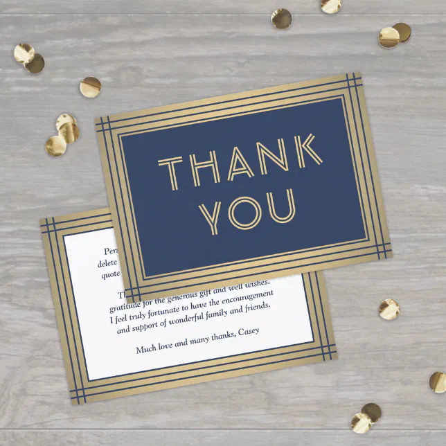 Classic Border Elegant Navy Blue & Gold Typography Thank You Card | Zazzle