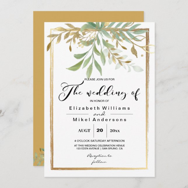 Classic Border Golden Leaves Greenery wedding Invitation (Front/Back)
