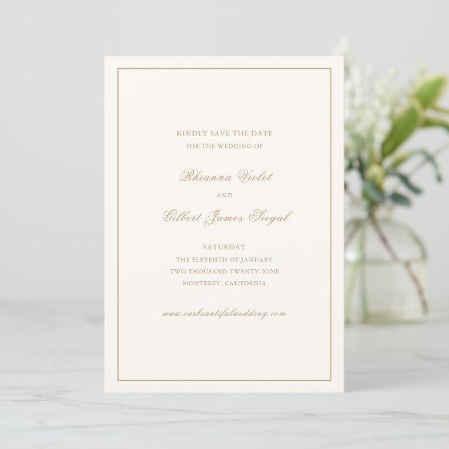 Classic Border Ivory and Gold Timeless Wedding Save The Date (Standing Front)
