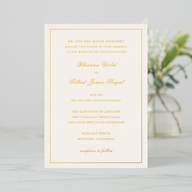 Classic Border Ivory Timeless Wedding Foil Invitation (Standing Front)