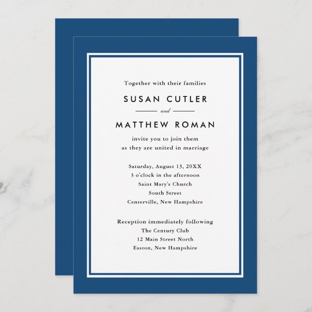 Classic Border Navy Blue Wedding Invitation (Front/Back)