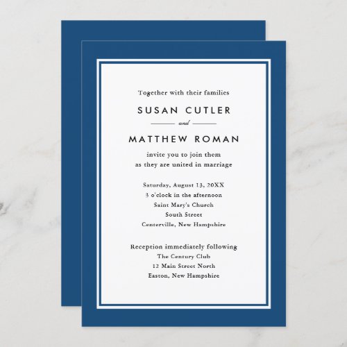 Classic Border Navy Blue Wedding Invitation