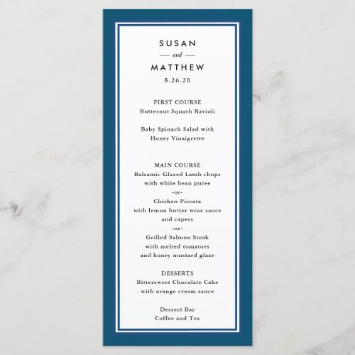 Classic Border Navy Blue Wedding Menu