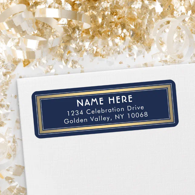 Classic Border Navy Blue White Gold Return Address Label | Zazzle