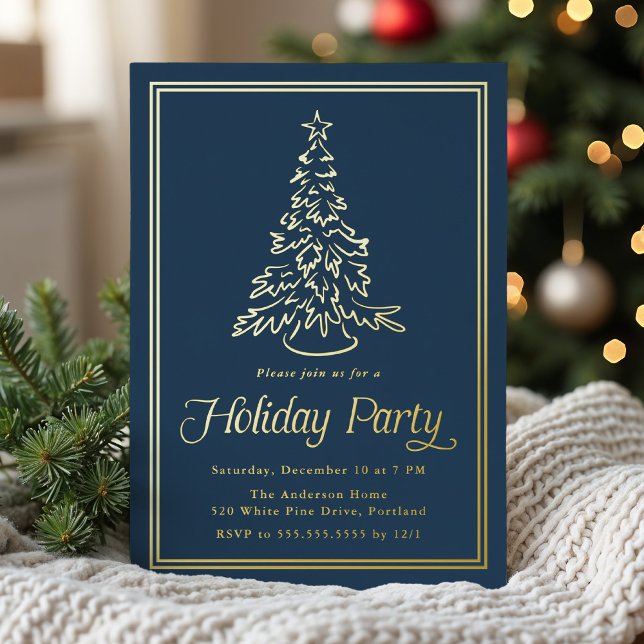 Classic Border Navy Christmas Tree Holiday Party Foil Invitation (Creator Uploaded)