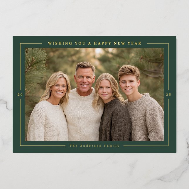 Classic Border New Year Photo Foil Holiday Card (Front)