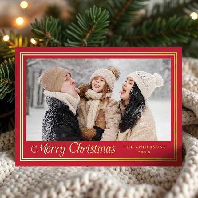 Classic Border Red Merry Christmas Photo Foil Holiday Card (Creator Uploaded)