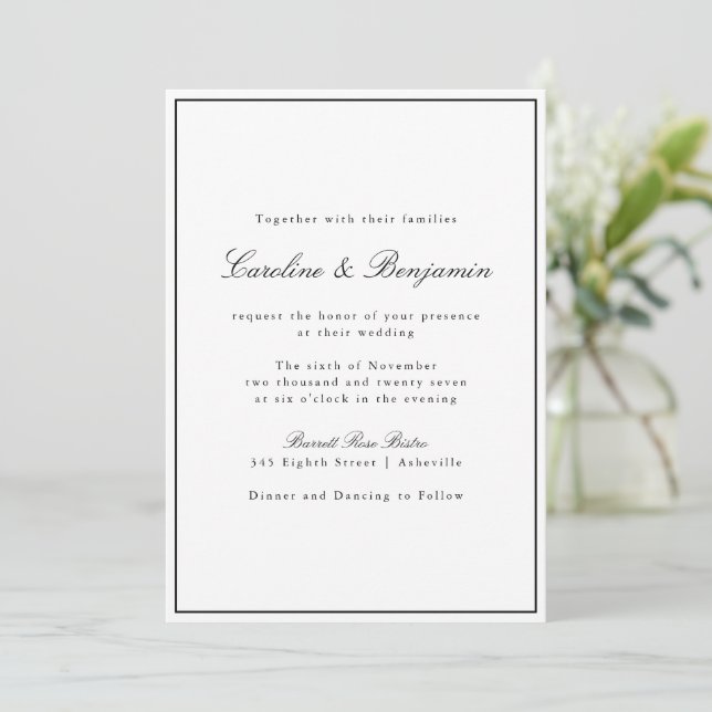 Classic Border Script Black White Elegant Wedding Invitation (Standing Front)