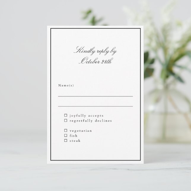 Classic Border Script Elegant Wedding Meal Choice RSVP Card (Standing Front)