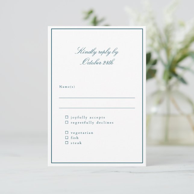 Classic Border Teal Elegant Wedding Meal Choice RSVP Card (Standing Front)