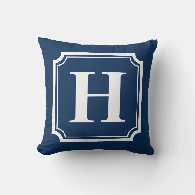Classic Borders | Navy Blue Personalized Monogram Throw Pillow (Front)