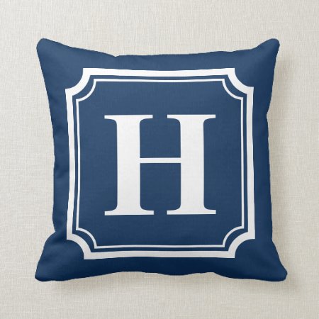 Classic Borders | Navy Blue Personalized Monogram Throw Pillow