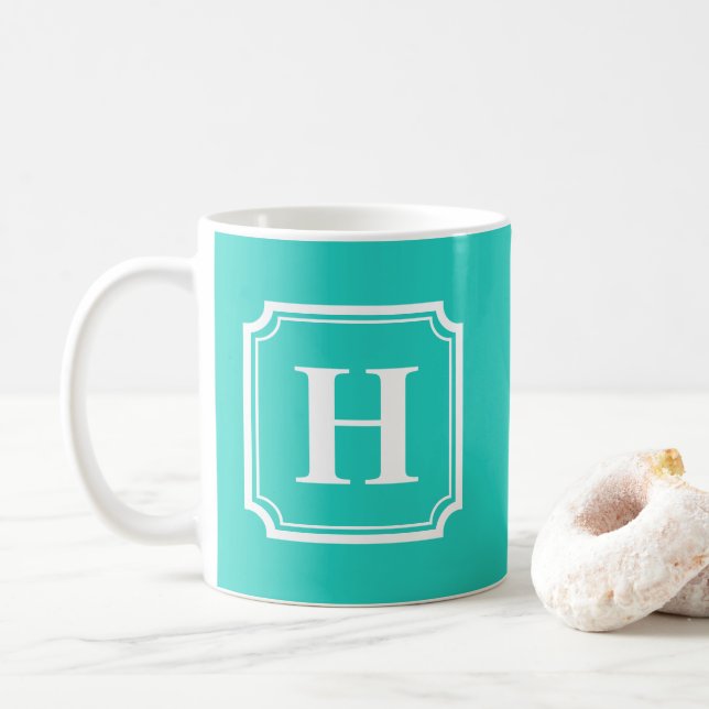 Classic Borders | Turquoise Personalized Monogram Coffee Mug (With Donut)