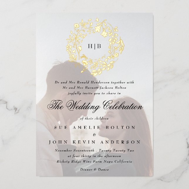 Classic Botanical Gold Floral Wreath Photo Wedding Foil Invitation (Front)