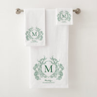 Classic Botanical Green Floral Crest Monogram
