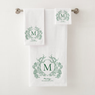 Classic Botanical Green Floral Crest Monogram Bath Towel Set