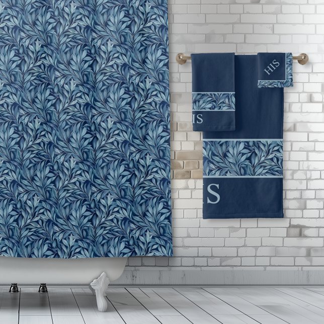 Classic Botanical Large Pattern Bath Towel Set (Classic Blue Botanical Pattern shower curtain and towel set.)