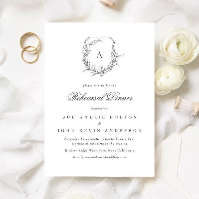 classic botanical monogram crest rehearsal dinner invitation (Creator Uploaded)