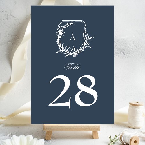 classic botanical navy blue monogram crest table number