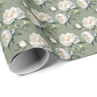 Classic Botanical Peony Sage Green Seamless Repeat Wrapping Paper