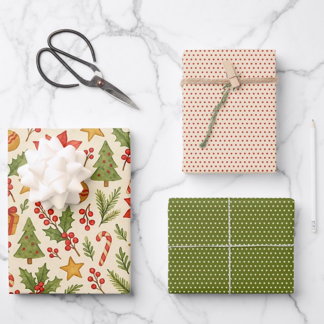 Classic Botanical Poinsettia Floral Art Pattern Wrapping Paper Sheets (Front)