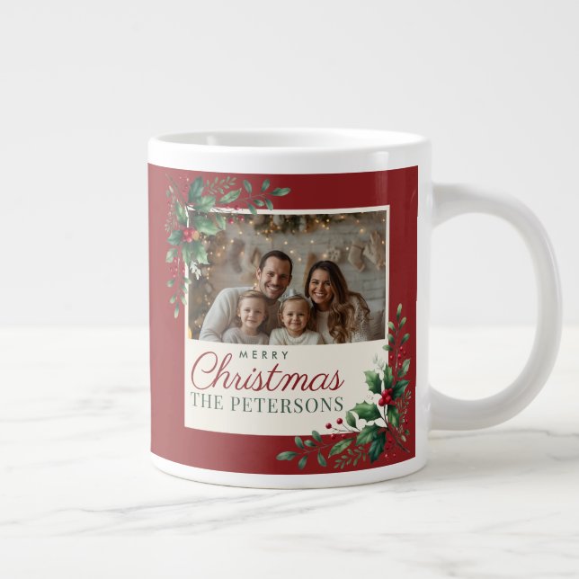 Classic Botanical Red Custom Photo Christmas Giant Coffee Mug (Right)