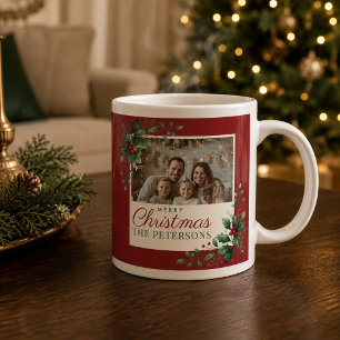 Classic Botanical Red Custom Photo Christmas Giant Coffee Mug