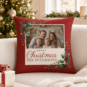 Classic Botanical Red Custom Photo Christmas Throw Pillow