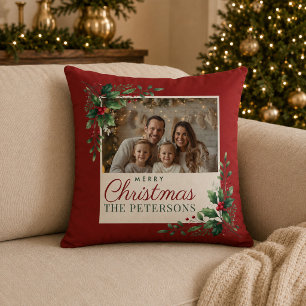 Classic Botanical Red Custom Photo Christmas Throw Pillow