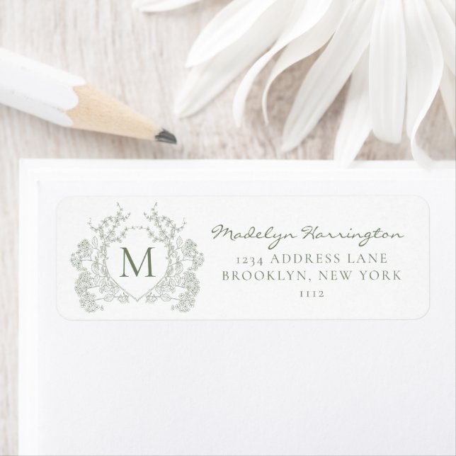 Classic Botanical Sage Green Floral Crest Monogram Label (Insitu)