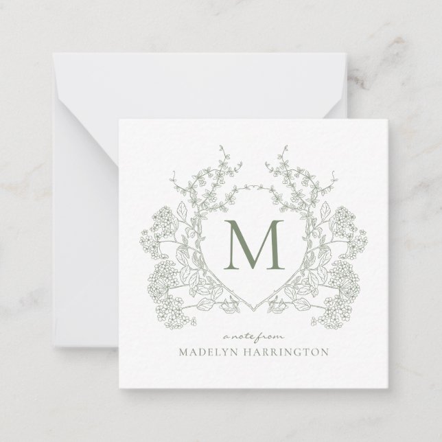 Classic Botanical Sage Green Floral Crest Monogram Note Card (Front)