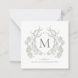 Classic Botanical Sage Green Floral Crest Monogram Note Card