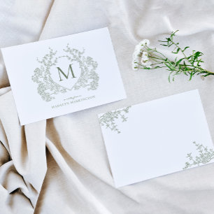 Classic Botanical Sage Green Floral Crest Monogram Note Card