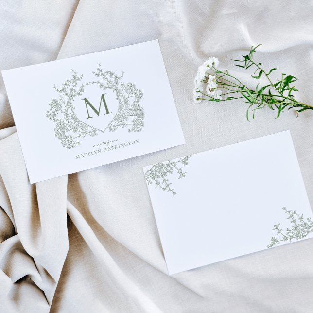 Classic Botanical Sage Green Floral Crest Monogram Note Card (Creator Uploaded)