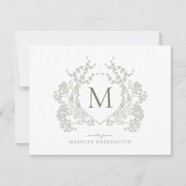Classic Botanical Sage Green Floral Crest Monogram Note Card (Front)