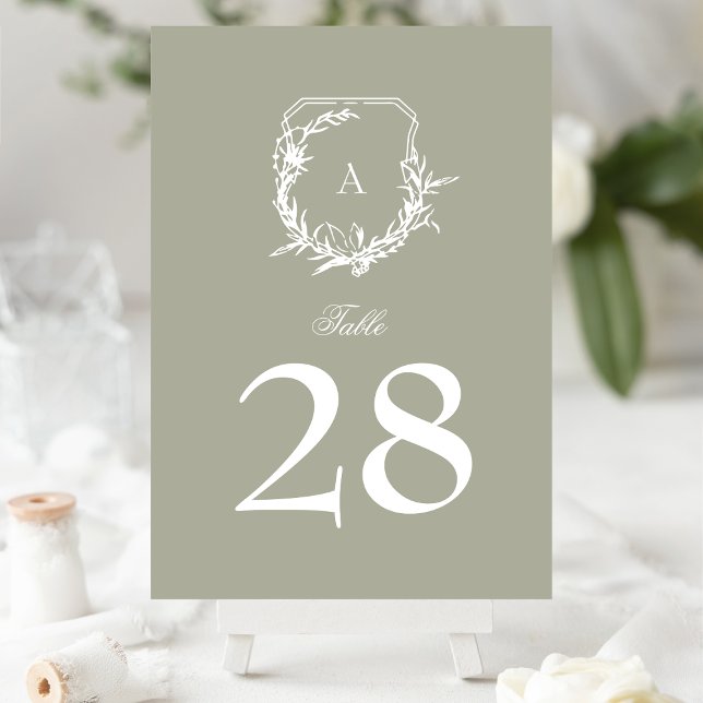 classic botanical sage green monogram crest table number (Creator Uploaded)