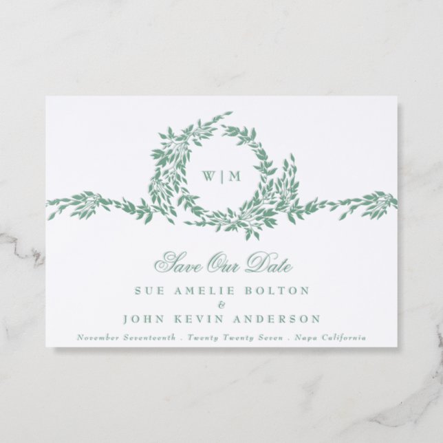 Classic Botanical Sage Monogram Save The Date Letterpress Photo Cards (Front)